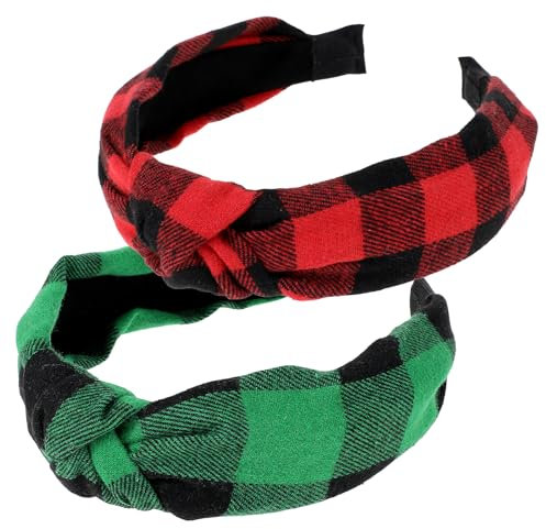 COMNICO 2 Stück Stirnbänder für Damen Valentinstag Weihnachten Geknotete Karierte Haarband Vintage Breites Haarbänder Rot-Grün Haarreifen Modische Haar-Accessoires