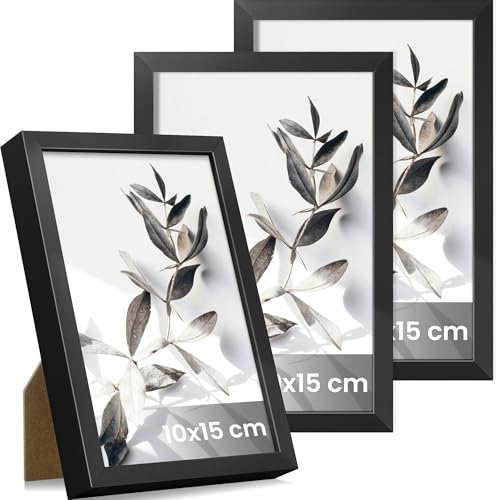 Feihorrm Bilderrahmen 10x15 Schwarz, Aluminium 10x15 cm Fotorahmen Mit gehärtetem Glas, 3er Set Kleine Bilderrahmen, Metall Rahmen Geeignet Für Wand- und Tischdisplays