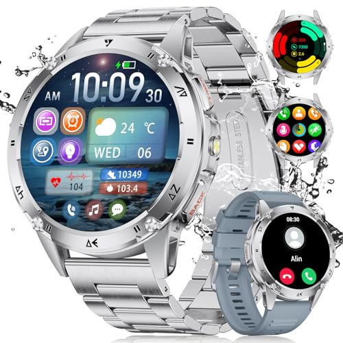 LIGE Militär Smartwatch Herren mit LED-Licht,1,43 HD AMOLED Smartwatch mit Telefonfunktion,Fitnessuhr,Silberne Uhr mit 130+ Sportmodi,Herz-/Schlaftracking,IP68 wasserdicht sportuhr für iOS/Android