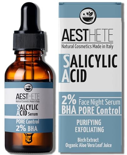 Siero Notturno Acido Salicilico 2% AESTHETE | Esfoliante Viso in Gel Anti Imperfezioni per Pelle Grassa e Mista | Per Pori Dilatati, Brufoli, Punti Neri, Acne Adolescenti Uomo Donna | 100ml