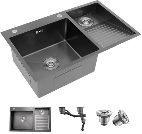 Schwarze Edelstahl-Doppelschüssel Aufsatzwaschbecken 70cm mit Waschbrett und Ablaufrohr Nano-Beschichtung für Hirsekörner