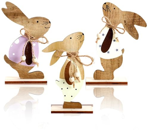 CIYIN 3 Stück Osterdeko Holz Hase, Osterhasen Deko, Osterdekoration aus Holz, Holz Aufsteller Deko, Osterhase Deko Geschenke für Draußen Tischdekoration Garten
