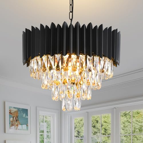 MSSIAN Schwarzer Kristallkronleuchter 4-stufig 50cm 7xE14 dimmbar Deckenlampe für Esszimmer Wohnzimmer Schlafzimmer Foyer Flur