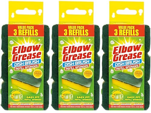 Elbow Grease Dish Brush Refill Sponge (3 x 3) 9 Pcs - Elbow Grease Sponge For Tough and Stubborn Stains
