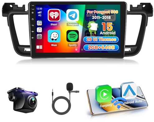 Roinvou 2+64GB Radio Coche paraPeugeot 508 2011-2018 Inalámbrico Carplay Android Auto, 9 Pulgadas Pantalla Táctil Android 15 Bluetooth Radio WiFi GPS EQ FM/RDS SWC Cámara Trasera