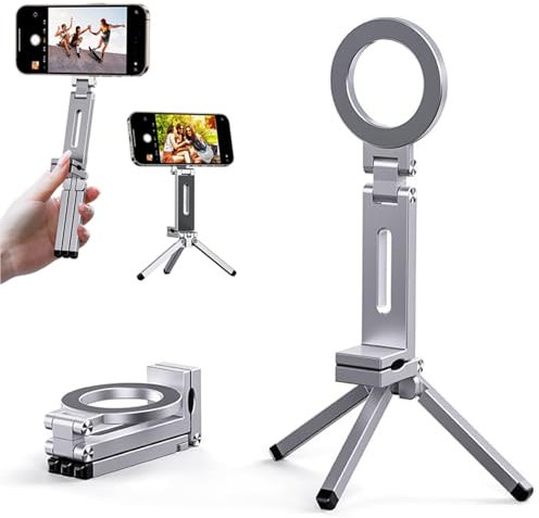 Magnetic Phone Tripod Stand for iPhone 12-16 Series, Magnetics Tripod for iPhone with 360° Rotation, Foldable Magnetic Pocket Phone Tripods (Silver)