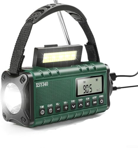 Radio Solar portátil con Dinamo y Radio Am/FM, Recargable de 10000 mAh, Linterna LED 3 Modos, SOS Alarma para Acampar y Hacer Senderismo al Aire Libre(Verde Militar)