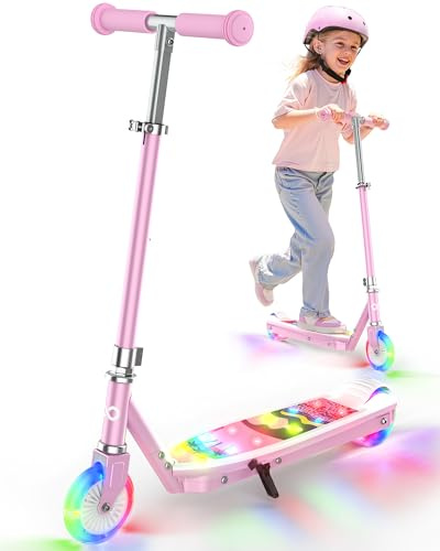 Gyroor KS2 Kids Electric Scooter with LED Lights – Safe 5 MPH Speed, Foot Sensor Start, Adjustable Handlebar, Fast Charging, for Ages 6–12,Pink