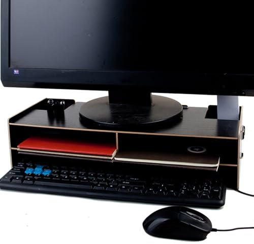 OEUBEQ Supporto per Monitor del Computer, Organizer da scrivania, Presa per Tastiera e Mouse, Piccolo Scomparto per Bicchieri e Penne, per Ufficio, Sala Studio Black