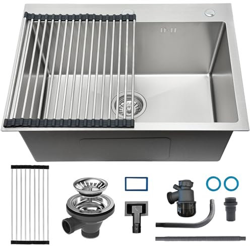 KOOGIMDDR Lavello Cucina 1 Vasca 60 x 45 cm, Lavabo Cucina con 2 Fori Scolapiatti da Appoggio, Nano Lavello in Acciaio Inox Lavandino Cucina con Dispenser Sapone y Set di Drenaggio, Da Appoggio