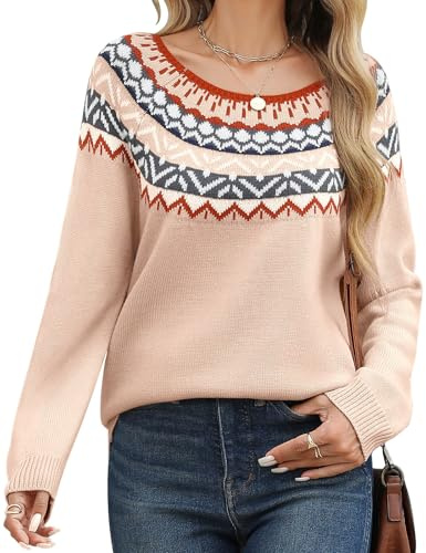 PASUDA Pullover Damen Casual Rundhals Strickpullover Winter Warm Weich Knit Pulli Lässig Lose Winterpullover Damenpullover Drucken Jumper Sweater (Brauner Fair Isle, S)