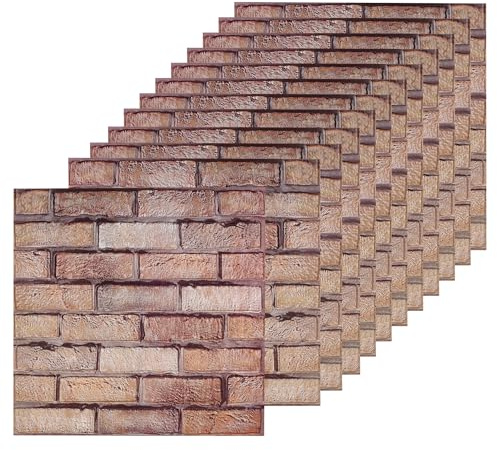 WeeGoo 12 Pcs 3D Red Brick Effect Peel and Stick Tiles, 30x30 cm Wall Tile | Self Adhesive, Waterproof, Stone Effect Wall Panels, for Kitchen, Living Room, Office Decoration, DIY