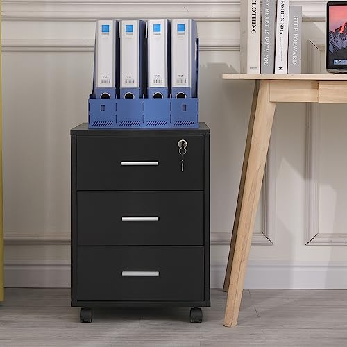 Menaka Mobile 3 Drawers Filing Cabinet with Lock on Wheels, Home Office Wood Under Desk File Storage Cabinet Pedestal Printer Stand for Document Unit Organizer (Black, Lockable)