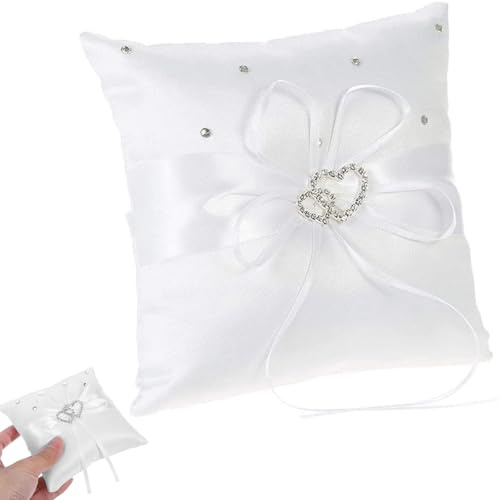 Qanye 1 Stück Elegantes Satin Kissen, 20x20 cm Ringkissen Hochzeit, Vintage Quadratisch Ringkissen, mit Glitzerndem Doppelherz & Satinband, Ideal für Standesamt und Kirche (Weiß)