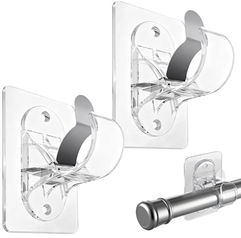 Pack of 2 Curtain Rod Brackets, No Drilling Self-Adhesive Adjustable Curtain Rod Holder, Nail Free Hooks for Bathroom/Bedroom,Transparent Nail Free Damage-Free Hooks
