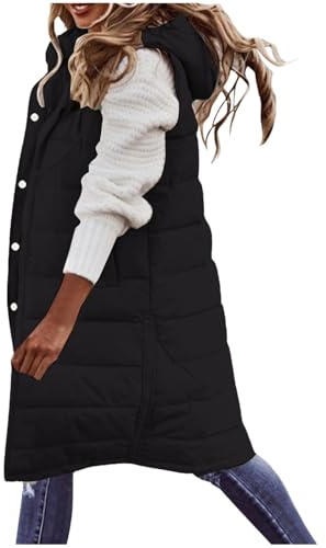 Women'S Puffer Long Gilets Padded Womens Winter Long Sleeveless Jacket Solid Color Full Zip Hooded Gilet Plus Size Outdoor Waterproof Jackets With Pockets Winter Warm Quilted Vest Ladies Body Warmer
