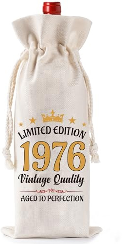 50th Birthday Gifts for Men Women, Limited Edition 1976 Burlap Wine Bottle Bag with Drawstring, 50 Year Old Birthday Present for Husband Wife Mum Dad Best Friend Colleague