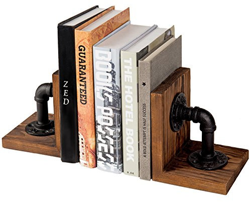 MyGift Rustikale Buchstützen aus braunem Holz mit realistischem industriellem Rohr-Design, dekorative Büro-Buchstützen, Regal-Dekor, Schreibtisch, Buchhalter, L-förmiger Ständer, 1 Paar