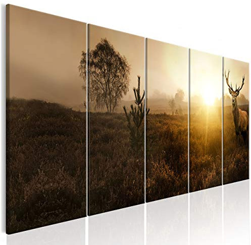 decomonkey Bilder Hirsch 200x80 cm XXL 5 Teilig Leinwandbilder Bild auf Leinwand Wandbild Kunstdruck Wanddeko Wand Wohnzimmer Wanddekoration Deko Natur Landschaft