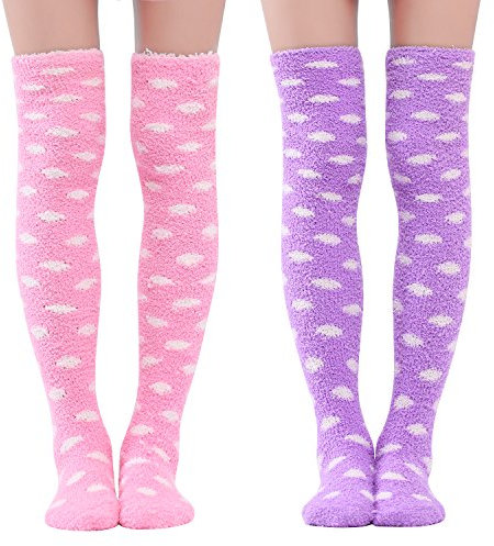 LittleForBig Süßes Tier Koralle Samt Oberschenkel/Knie-Lange Tupfen Socken Kniestrümpfe 2 Paare - Einheitsgröße - Lila und Rosa Tupfen