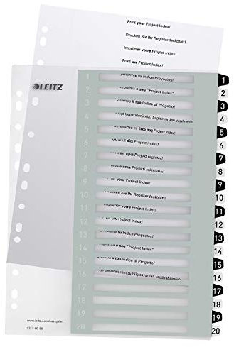 Leitz Register für A4, PC-beschriftbares Deckblatt und 20 Trennblätter, Taben mit Zahlenaufdruck 1-20, Überbreite, Weiß/Schwarz, Polypropylen, WOW, 12170000