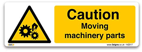 Pack of 2 Caution Moving machinery parts, 200x66mm, Self-adhesive Vinyl Sticker, Warning Risk Assessment Safety Signs