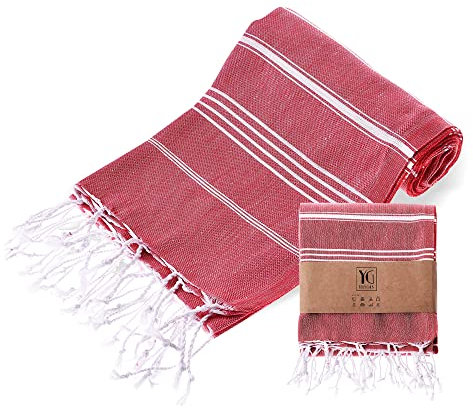 YENGAS Hamamtuch XXL, 95x175 cm, Oeko-TEX Zertifiziert, 100% Baumwolle, Großes Peshtemal Tuch, Badetuch für Spa, Sport, Yoga, Pilates, Reisen, Leicht & Platzsparend, Saunatuch, Strandtuch, Rot