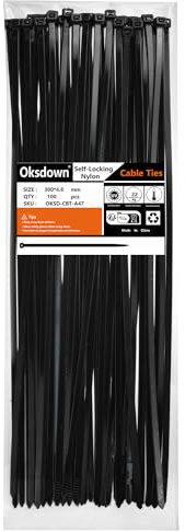 Oksdown 100 Pack Black Thick Cable Ties Heavy Duty Large 300mm×4.8mm Strong Nylon Plastic Self Locking 12 inch/30 cm Extra Long Zip Tie Wraps