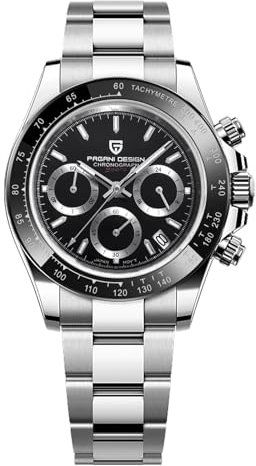 Pagani Design Herrenuhr Saphirglas Chronograph Edelstahl Wasserdicht Leuchtende Uhr Japanisches Uhrwerk Herren Quarzuhr Uhr für Männer(Schwarz/Silber)