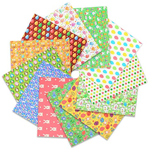 Oster Stoffe Zum Nähen 12 Stück,Easter Fabric Patchwork Stoffe Paket 40 x 50 CM/16 x 20 Zoll,Küken Häschen Osterei Baumwollstoff für Ostern Frühling Basteln Nähen Home Party Dekor