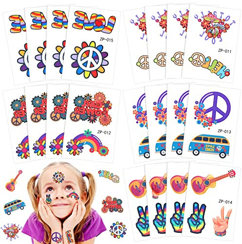 Qpout 20 STÜCKE Hippie Temporäre Tätowierung Trendige Hippie Blume Tattoo Aufkleber Gesichtstattoos für Erwachsene und Kinder Liebes- und Friedenszeichen Temporäre Tätowierung Party Favor Zubehör