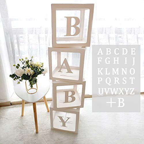 Babyparty Boxen Deko für Mädchen Jungen, 4 Stück Transparente Ballon Boxen mit 27 Buchstaben, Baby Luftballon Box für Baby Shower 1. Geburtstag, Babyparty Box Dekorationen