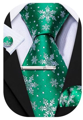 Barry.Wang Herren-Krawatten-Set, modische Seidenkrawatte, Einstecktuch, Manschettenknöpfe, Clip, 4 Stück, Festival, Schneeflocke, Weihnachten, Smaragdgrün / Weiß, Einheitsgröße