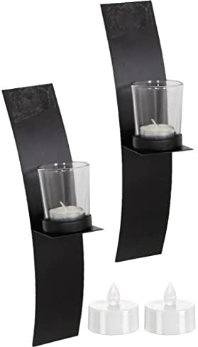 Novaliv 2X Wandkerzenhalter + 2X LED Teelichter 29 x 10 x 6 cm Schwarz Metall Kerzenhalter Dekoration Wanddeko Vintage Deko Teelicht LED Licht Wandhalter