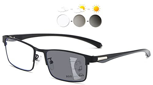 KOOSUFA Selbsttönende Gleitsicht Lesebrille Gleitsichtbrille Progressive Multifokus Anti-Blaulicht Photochrome Herren Damen Metallrahmen mit UV-Schutz Sonnenlesebrille 1x Schwarz, 1.0