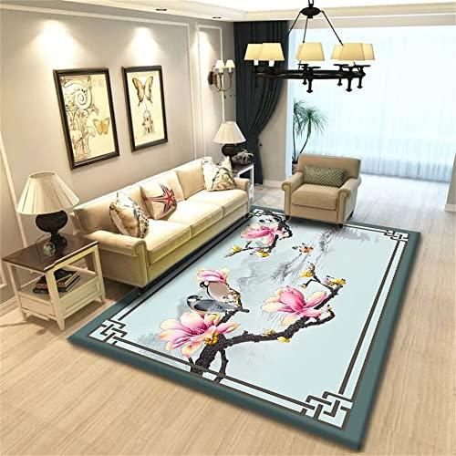 SUNYRDSM Teppichrutschstopp Kamin Für Wohnzimmer Teppich Wohnzimmer Teppich blau Heim Dekoration rosa Blumen mit Schall dämmung Terrassenteppich Outdoor 160x230cm