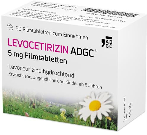 LEVOCETIRIZIN-ADGC® 5mg - 50 Stück - Allergie-Tablette mit vergleichbaren Ergebnissen wie Cetirizin bei halber Dosierung - zur Therapie von Allergiebeschwerden wie Heuschnupfen und Nesselsucht