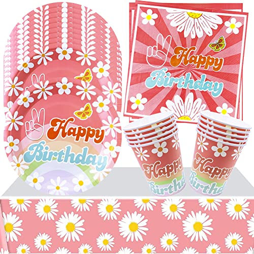 HGSHUO Marguerite Vaisselle Anniversaire Décorations Boho Vaisselle de Fête Fleurs Nappes Assiettes Gobelets Serviettes Happy Birthday Décorations de Fête Baby Shower
