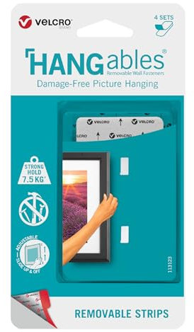 VELCRO Brand | HANGables Picture Hanging Strips | 1 Pack of 4 Sets | Damage Free Picture Hanging for Pictures, Mirrors, Wall Décor | White | 4 Strips Holds up to 7.5kg/1 Picture