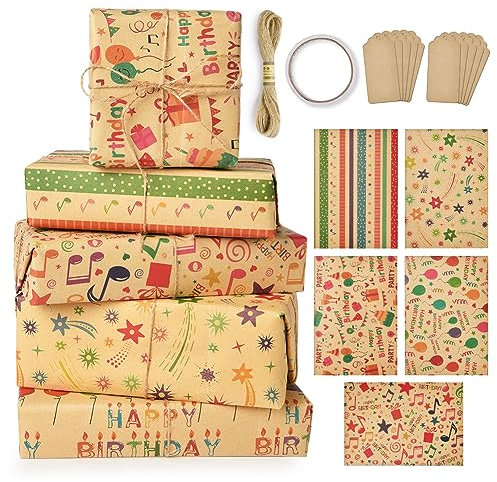 OFFCUP Kraft Geschenkpapier Geburtstag, 5pcs Geschenkpapier Kraft, braunes gefaltetes Papier mit Jutesaiten Enthält 10 Geschenkanhänger und 1 Rolle doppelseitiges Klebeband (Notiz)
