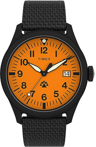 Timex Herren-Armbanduhr Expedition North, 43 mm, braunes, umweltfreundliches, zweiteiliges Armband mit Schnellverschluss, oranges Zifferblatt, braunes Gehäuse TW2W23700