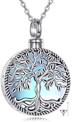 YAFEINI Tree of Life Urn Necklace for Ashes Sterling Silver Round Moonstone Cremation Necklace for Ashes Keepsake Memory Jewelry for Women Men