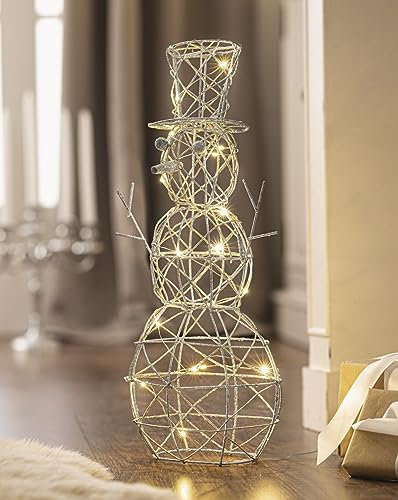 LED Dekofigur Schneemann aus Metall in Silber, 50 cm hoch, integrierte Lichterkette, Winterdeko, Weihnachtsdeko