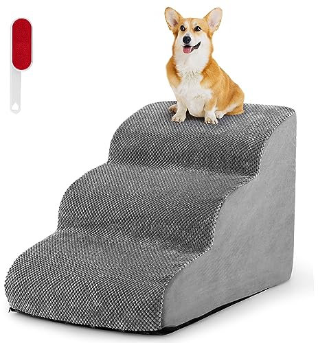 COSTWAY Escalier pour Chien Chat à 3 Marches, Échelle en Éponge de Haute Densité, Rampe Élargie pour Chien Teckel en Pente Douce, Housse Lavable, 58 x 42 x 40cm (Gris)