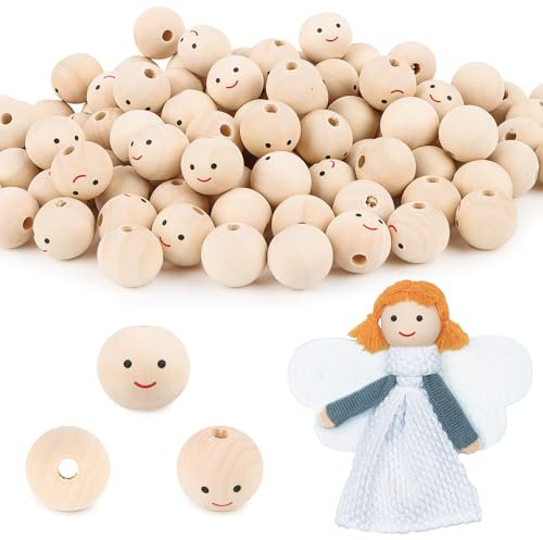 SUPRROW Holzperlen mit Gesicht 100 Stueck 20mm Holzperlen mit Gesicht Sorgenwürmchen, Holzkugeln mit Gesicht für Sorgenwurm Dekorationen Kunsthandwerk DIY-Schmuck Armband Halskette (100 A)