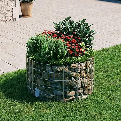 Tino Tech Runde Gabionen-Hochbeet aus Verzinkter Stahl 100x50cm Silber Steinkorb Gabionen Körbe Hochbeet Pflanzen Gartenmauer Gabione aus Metall Garten Gabione Pflanzenwand Gabionen Gitter