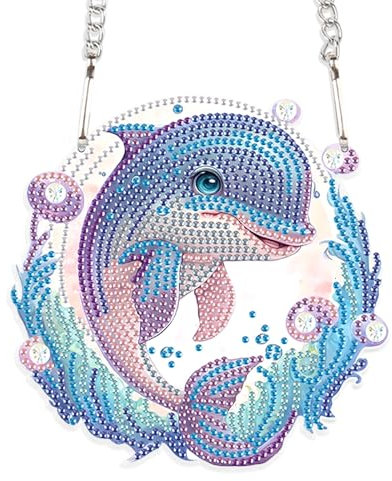 DCIDBEI Diamond Painting Kranz mit Kette Delfin 15x15cm Diamond Painting Ornamente Schilder Diamant Painting Anhänger Hängekette Diamant Malerei Anhänger Pendant Plakette Wandschild Haustürschild