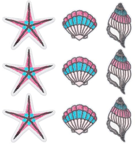 FINGERINSPIRE 9 Stück Muscheln Seesterne Pailletten Aufnäher Zum Aufbügeln Auf Stoff Muschel Stickerei Applikation Ozean Strand Aufnäher Glitzer Pailletten Reparatur Flicken Für Kleidung