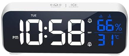 OWYELO Wecker Digital, LED Digitaluhr mit Temperaturanzeige Tragbarer Spiegelalarm Tischuhr mit 2 Alarmen 18 Alarmtöne, Alarm Clock mit Snooze, 12/24 Stunden, USB Wiederaufladbar, Weiß