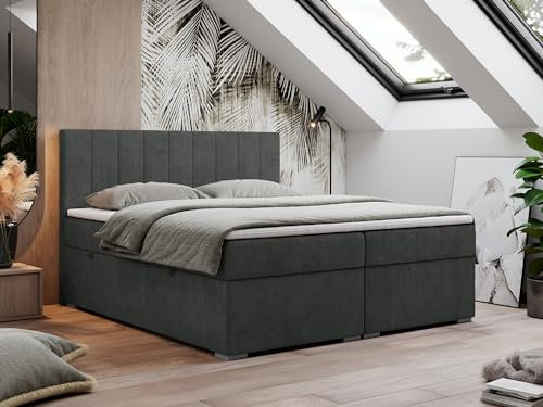 MKS MEBLE Boxspringbett 180x200, Bett 180x200 mit Matratze und Topper, Boxspringbett mit Bettkästen, Polsterbett mit Kopfteil - Lope - Dunkelgrau Strukture - H4